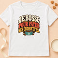 T-shirt chat Patoume – T-shirt Je bosse pour payer ses croquettes – Blanc