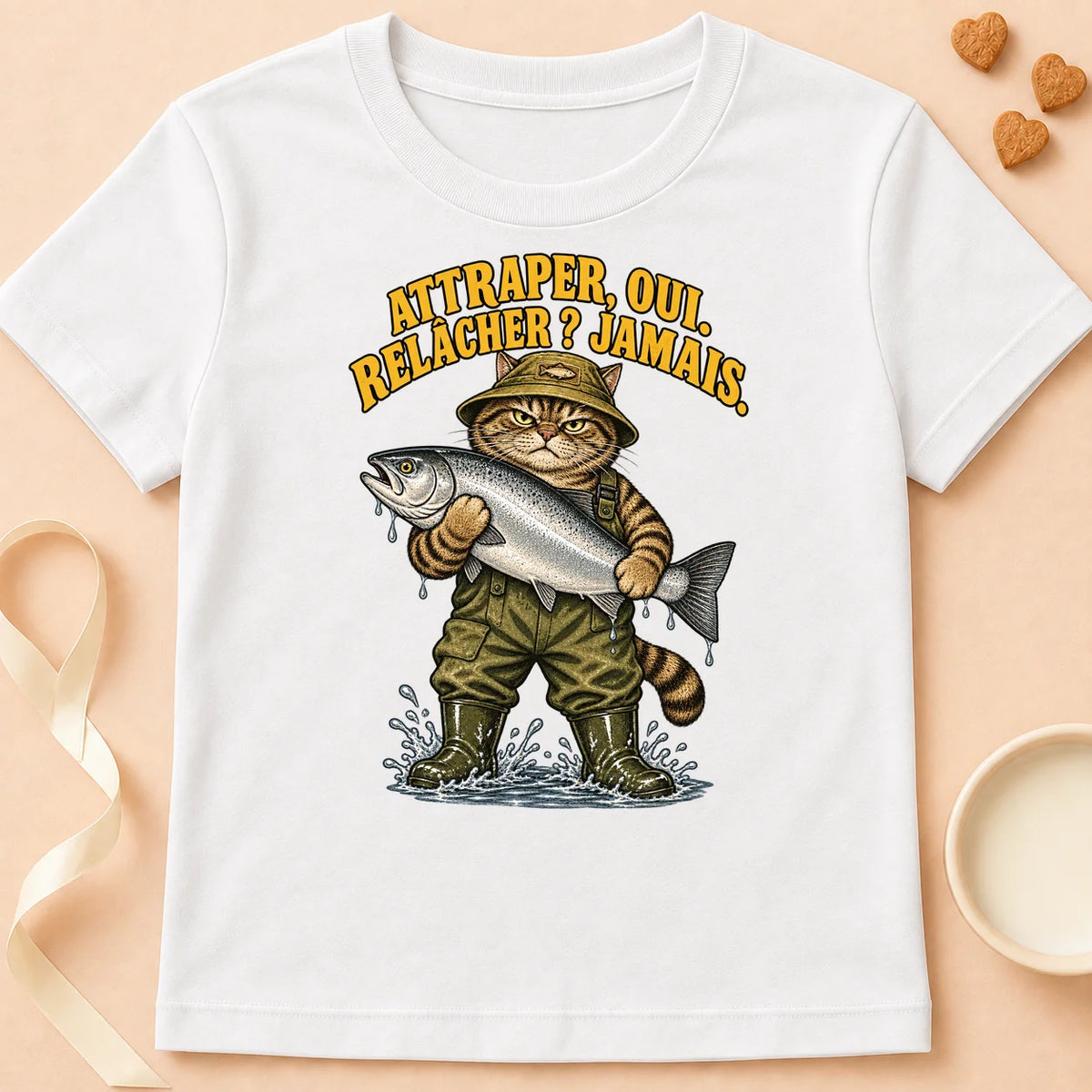 T-shirt chat Patoume – T-shirt Attraper oui, relâcher jamais – Blanc
