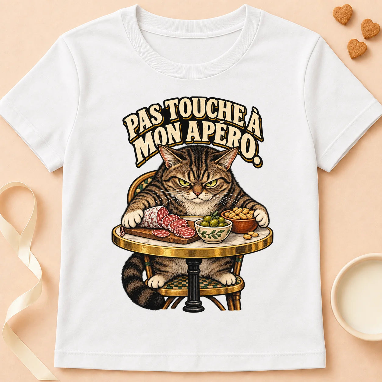 T-shirt chat Patoume – T-shirt Pas touche à mon apéro – Blanc