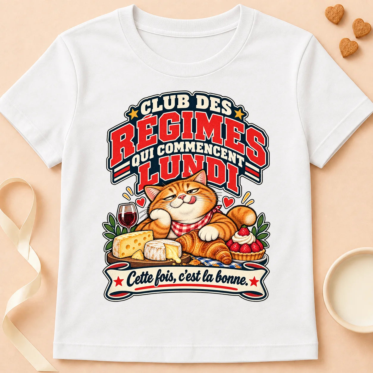 T-shirt chat Patoume – T-shirt Je commence Lundi le régime – Blanc