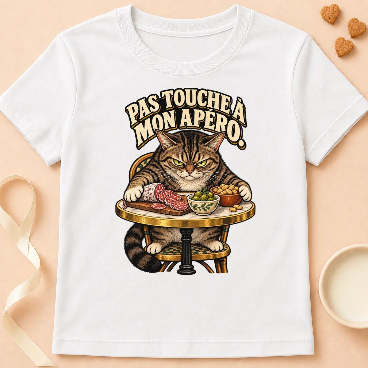 T-shirt chat Patoume – T-shirt Pas touche à mon apéro – Blanc