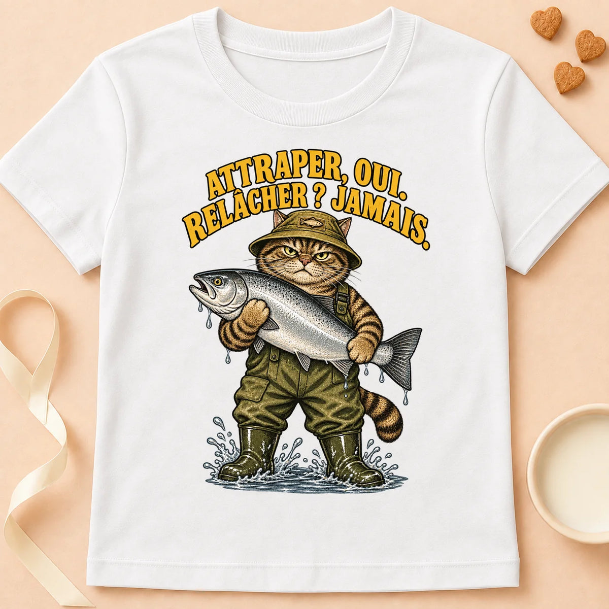 T-shirt chat Patoume – T-shirt Attraper oui, relâcher jamais – Blanc