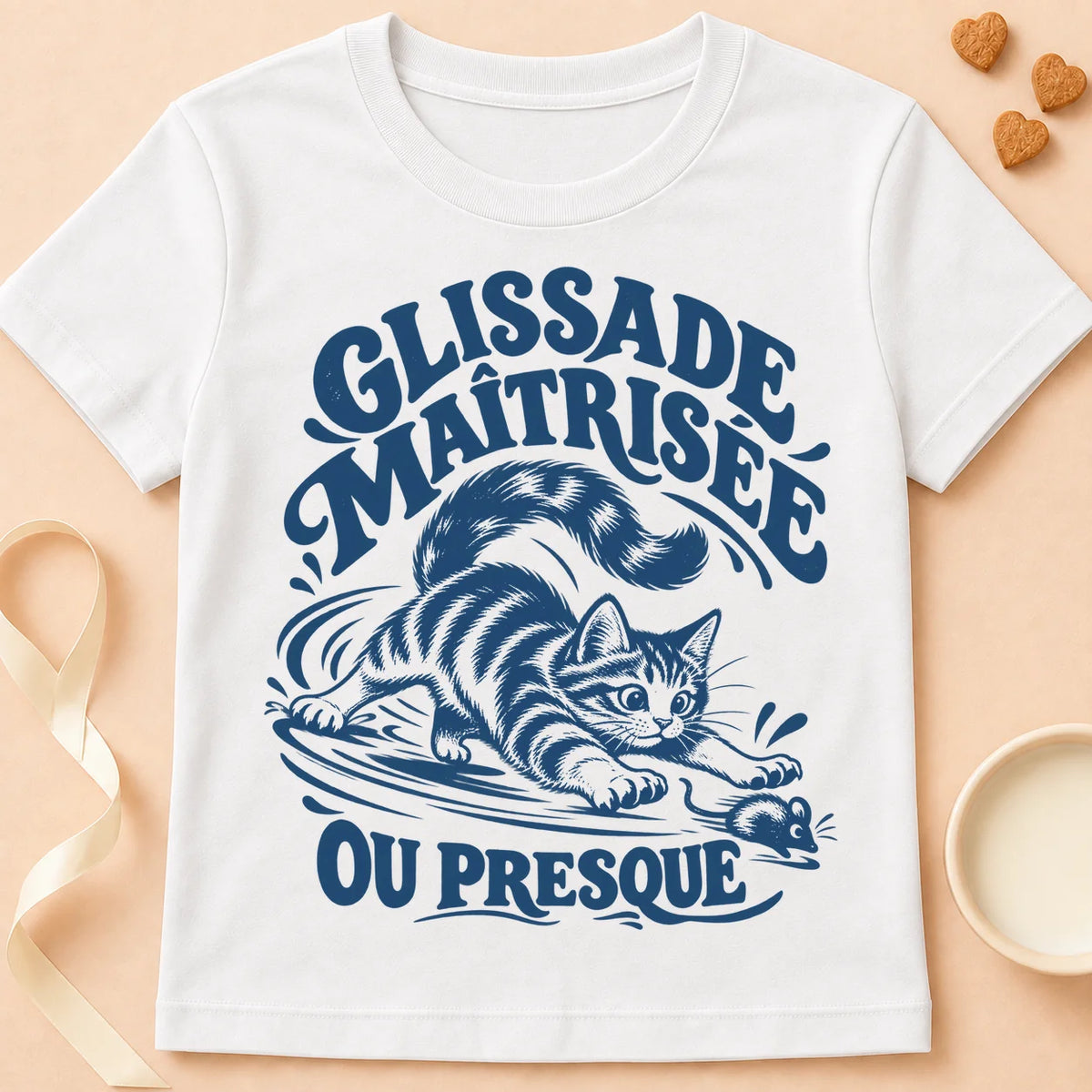 T-shirt chat Patoume – T-shirt Glissade maîtrisée – Blanc