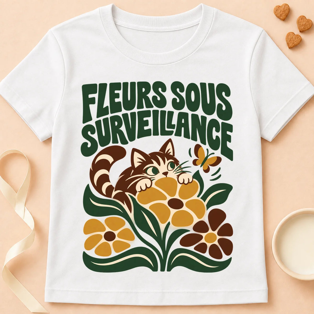 T-shirt chat Patoume – T-shirt Fleurs sous surveillance – Blanc
