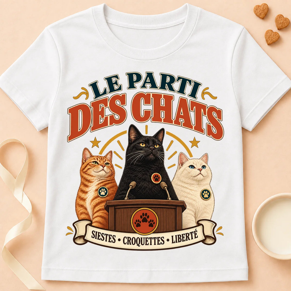 T-shirt chat Patoume – T-shirt Parti des chats – Blanc