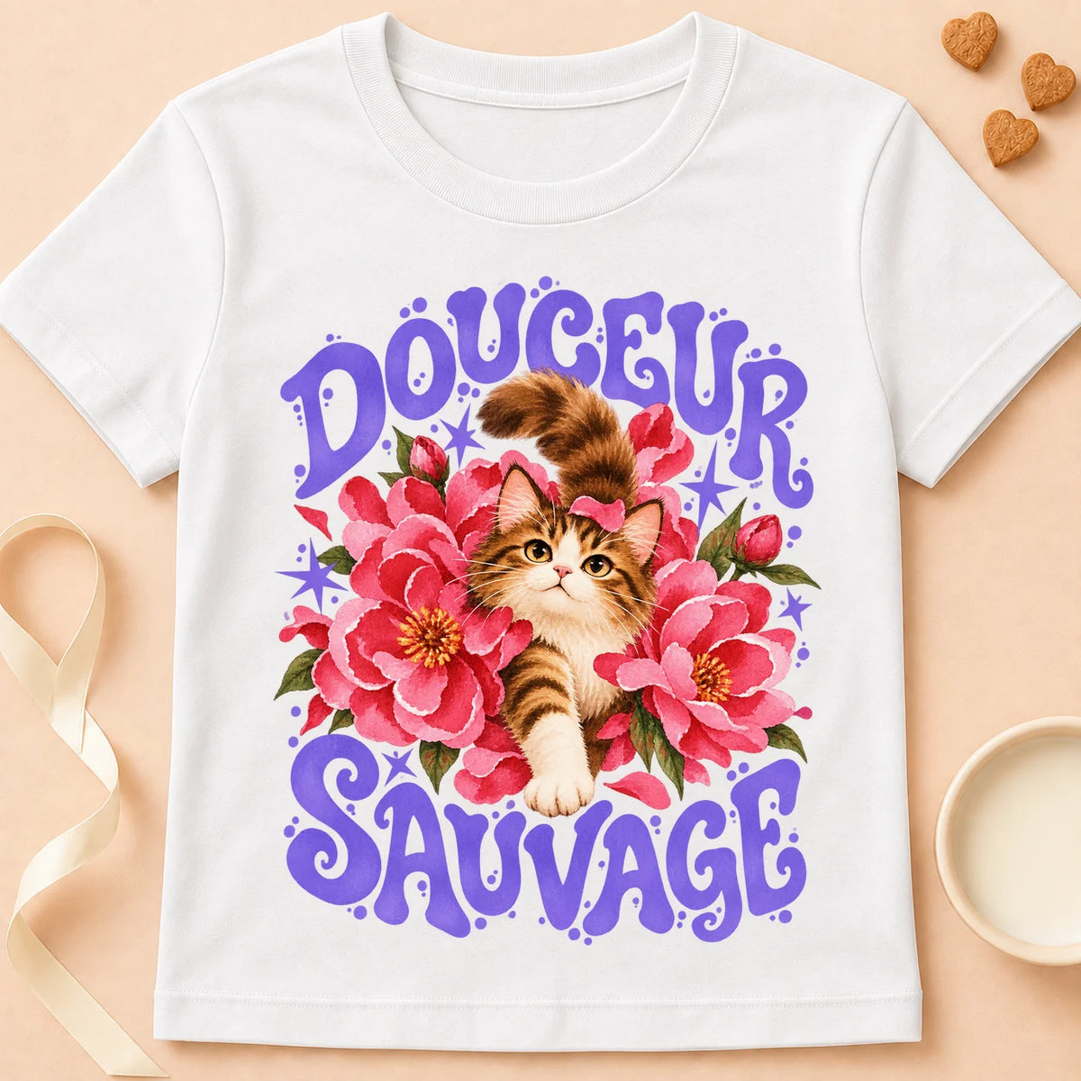 T-shirt chat Patoume – T-shirt Douceur sauvage – Blanc