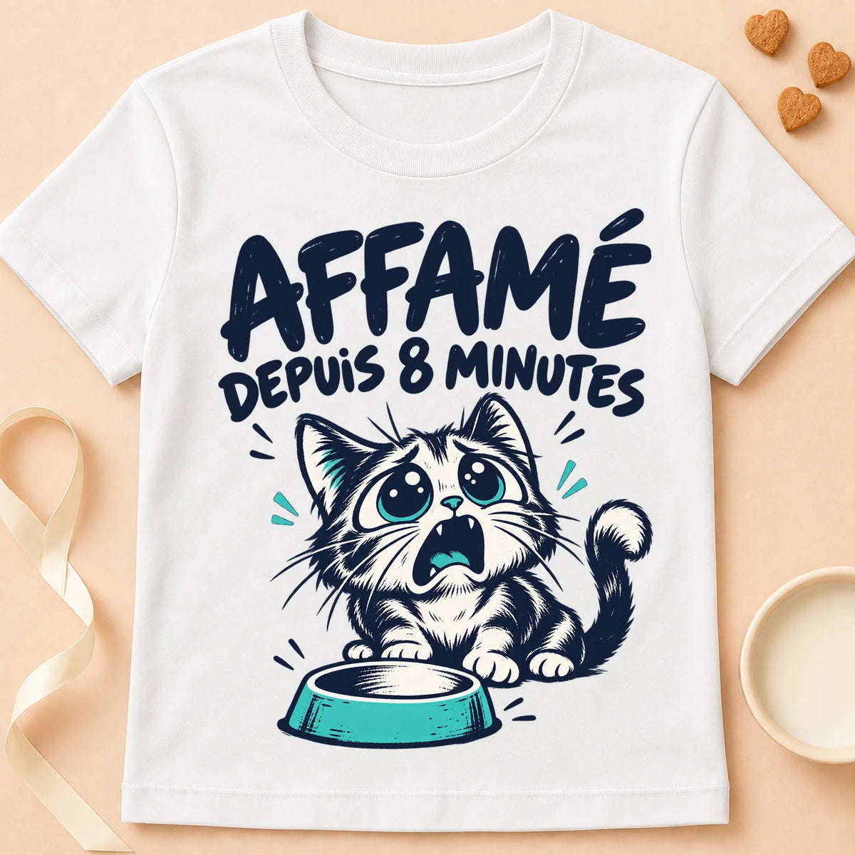 T-shirt chat Patoume – T-shirt Affamé oui – Blanc