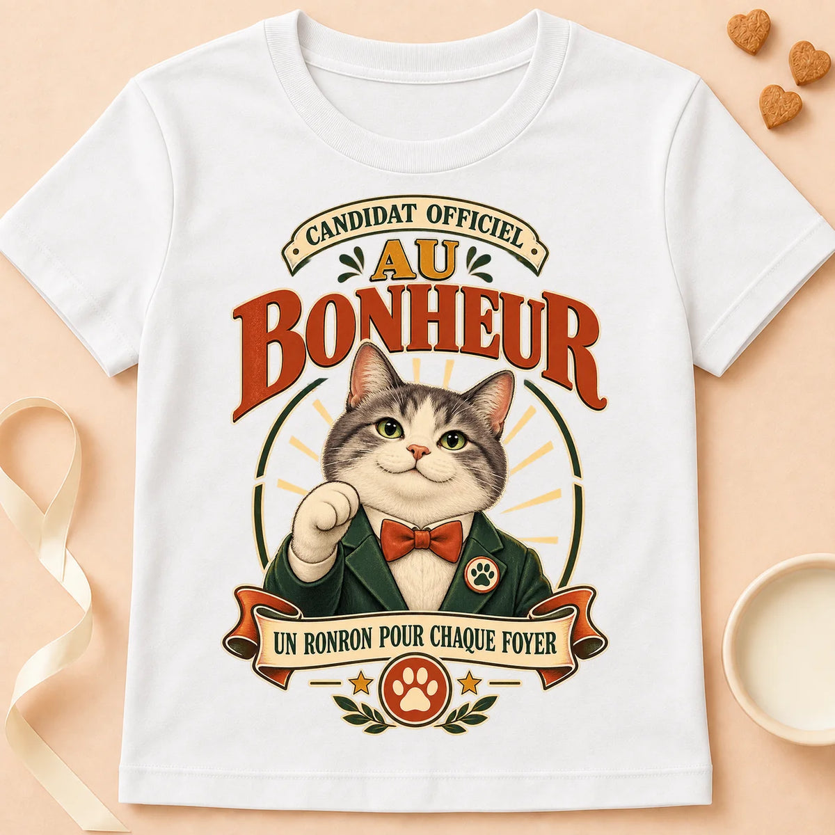 T-shirt chat Patoume – T-shirt Candidat au bonheur – Blanc