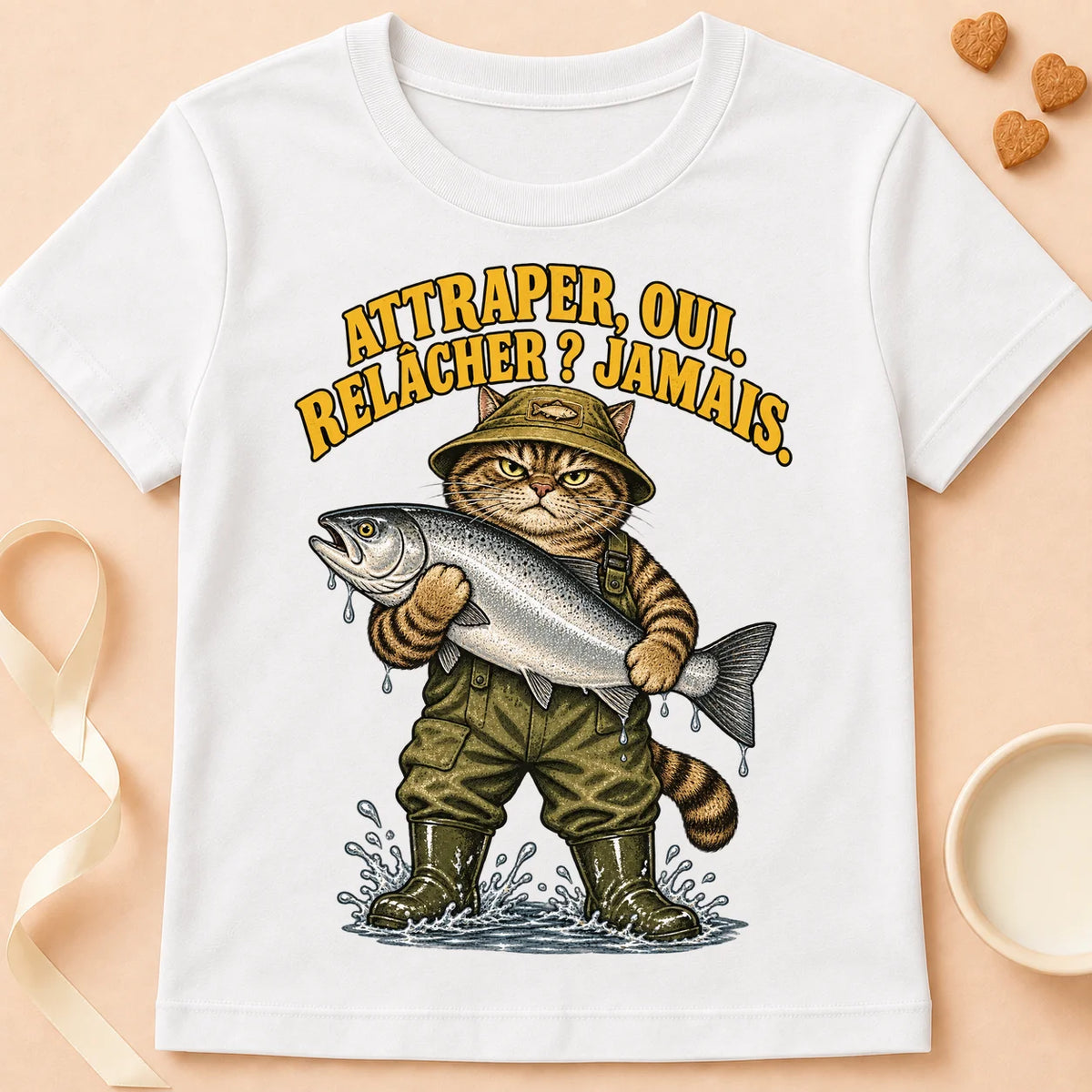 T-shirt chat Patoume – T-shirt Attraper oui, relâcher jamais – Blanc