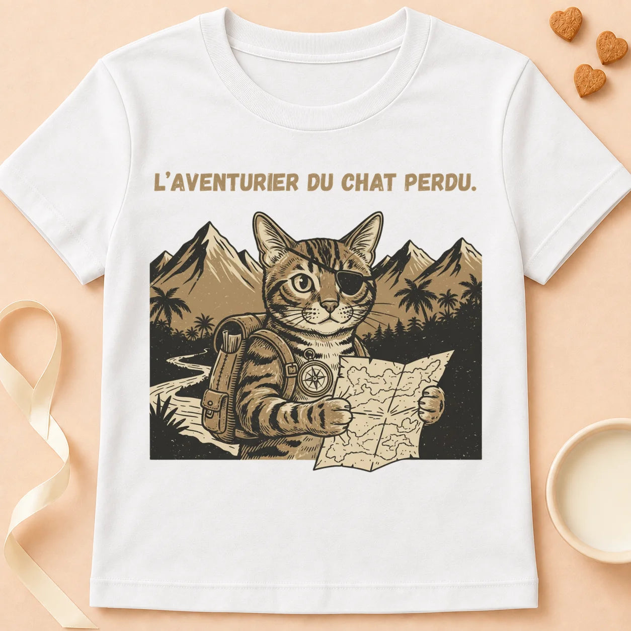 T-shirt chat Patoume – T-Shirt Aventurier – Blanc