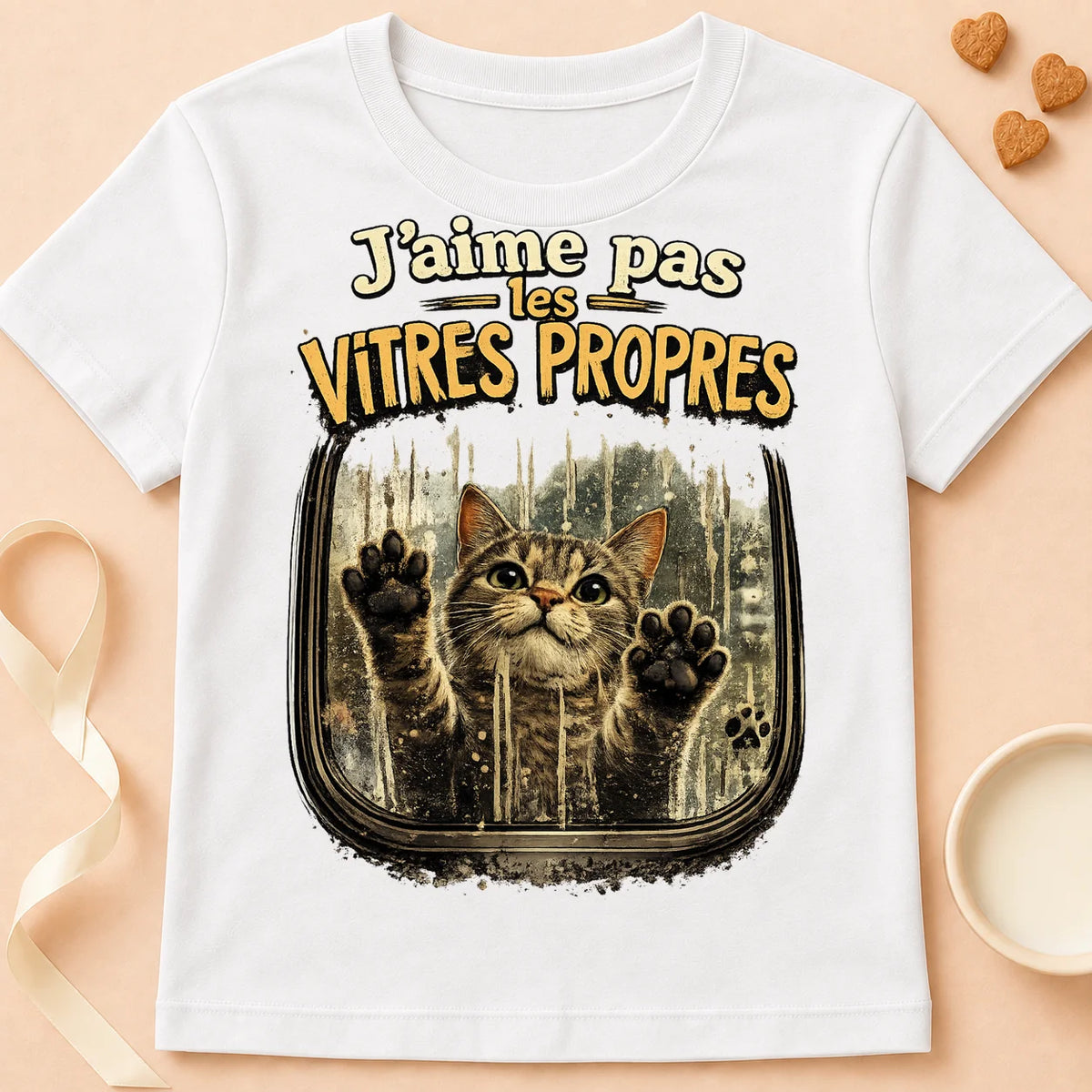 T-shirt chat Patoume – T-shirt « J’aime pas les vitres propres » – Blanc