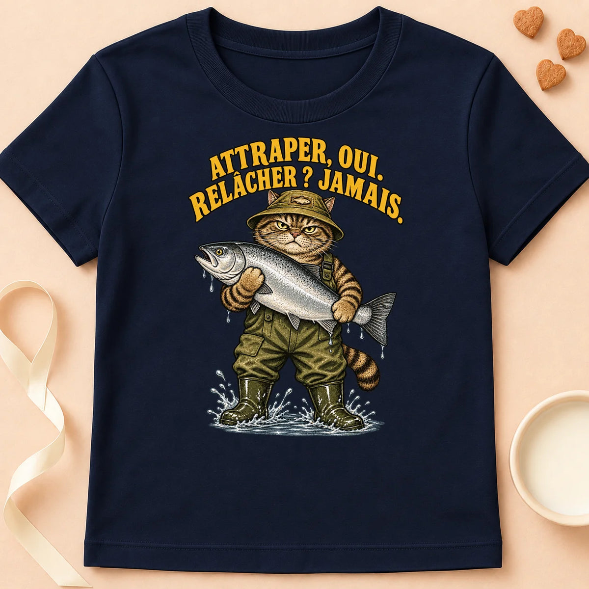 T-shirt chat Patoume – T-shirt Attraper oui, relâcher jamais – Bleu marine