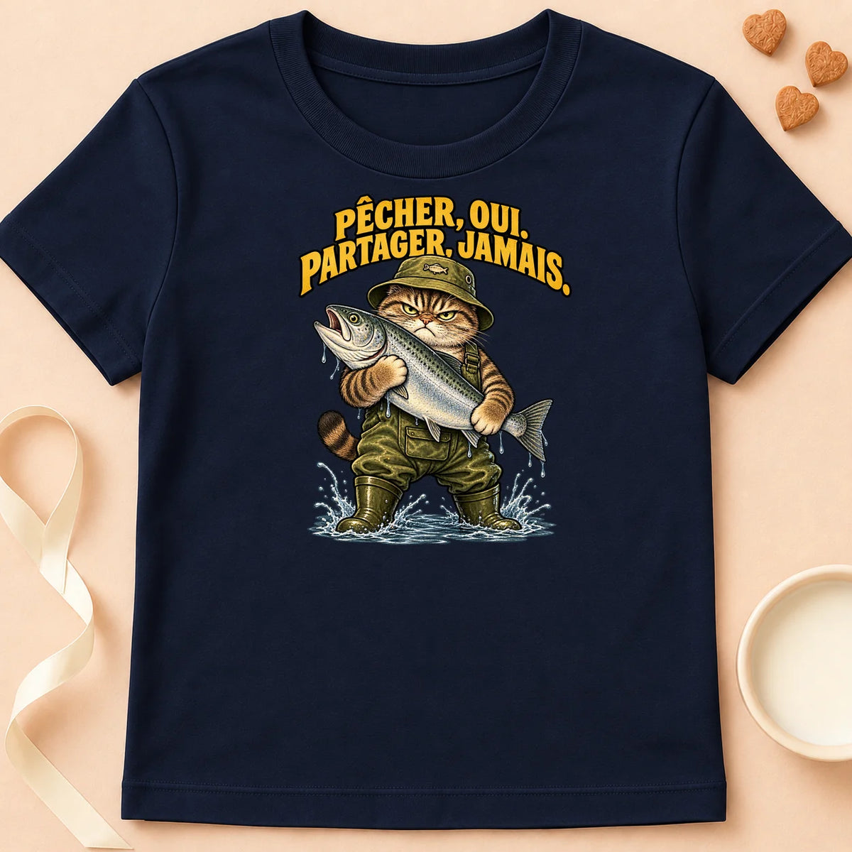 T-shirt chat Patoume – T-shirt Ne partage jamais – Bleu marine