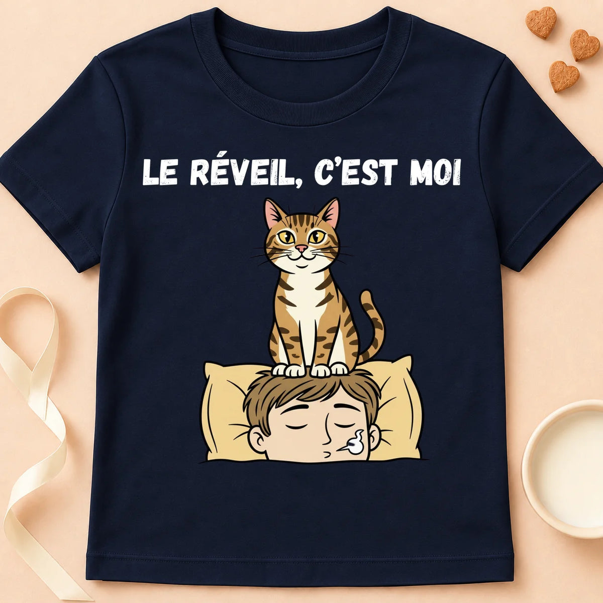 T-shirt chat Patoume – T-Shirt Réveil – Bleu marine