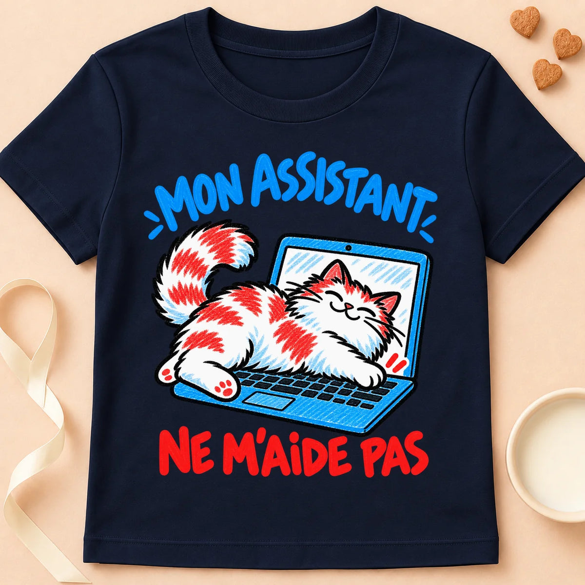 T-shirt chat Patoume – T-shirt Mon assistant – Bleu marine