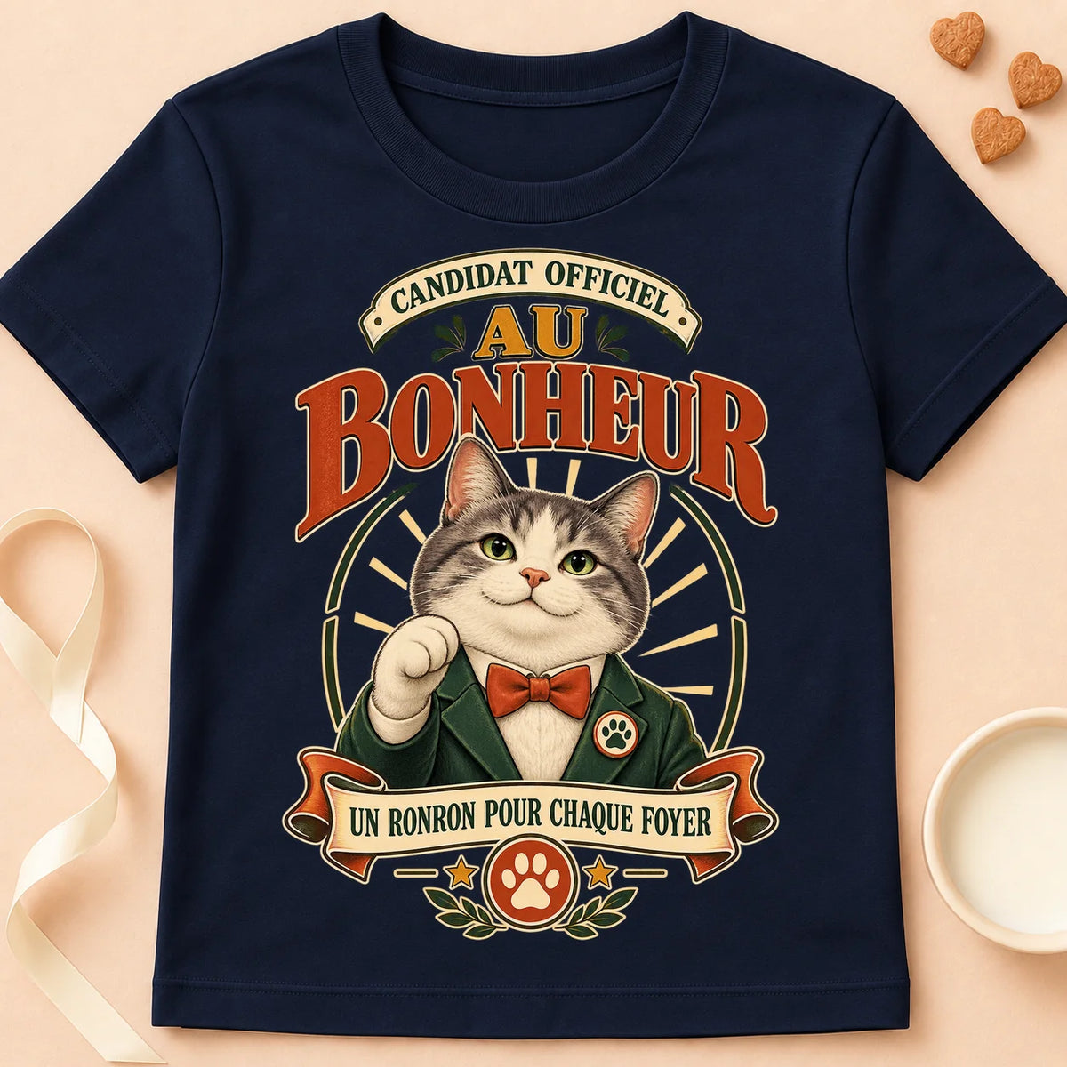 T-shirt chat Patoume – T-shirt Candidat au bonheur – Bleu marine