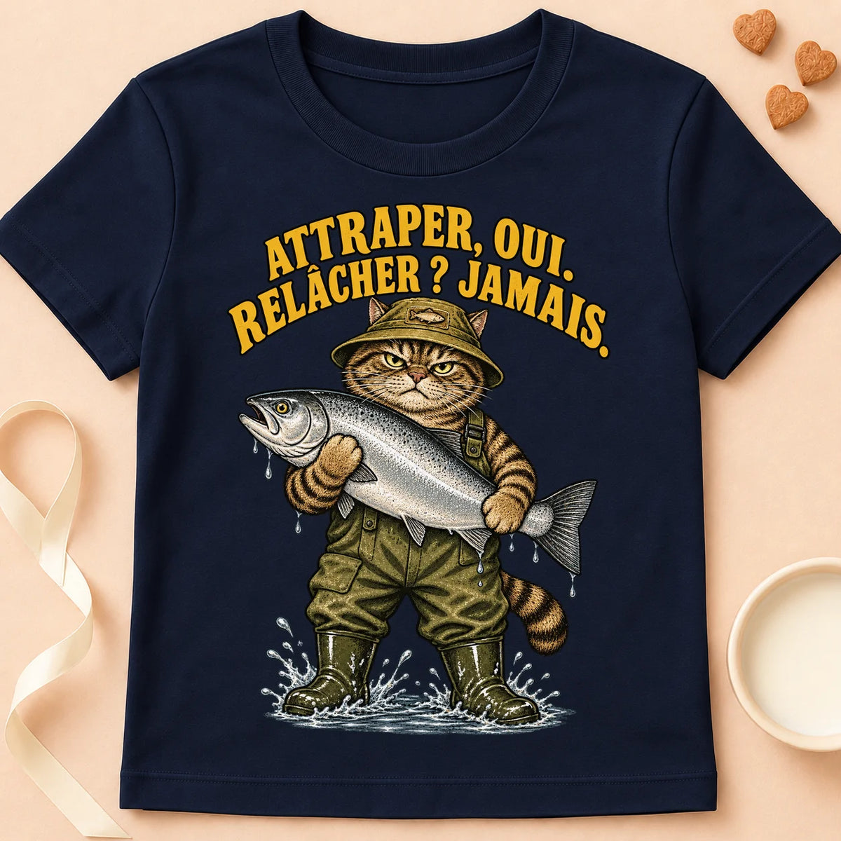 T-shirt chat Patoume – T-shirt Attraper oui, relâcher jamais – Bleu marine