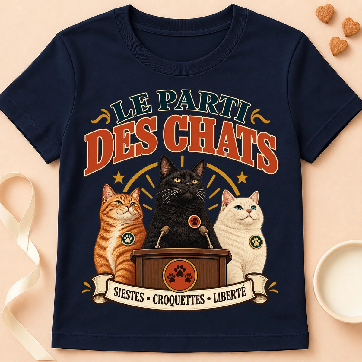T-shirt chat Patoume – T-shirt Parti des chats – Bleu marine
