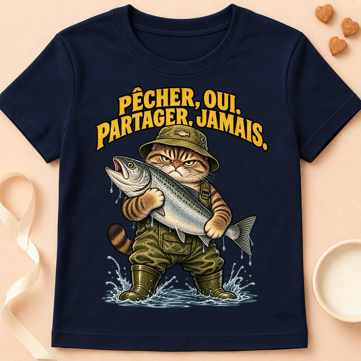 T-shirt chat Patoume – T-shirt Ne partage jamais – Bleu marine