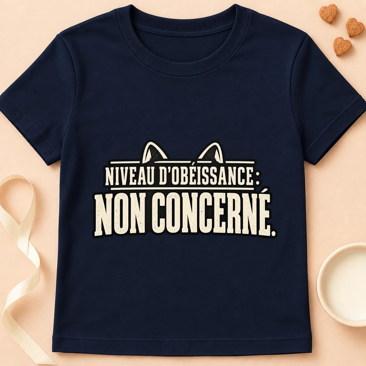 T-shirt chat Patoume – T-shirt Niveau d’obéissance – Bleu marine