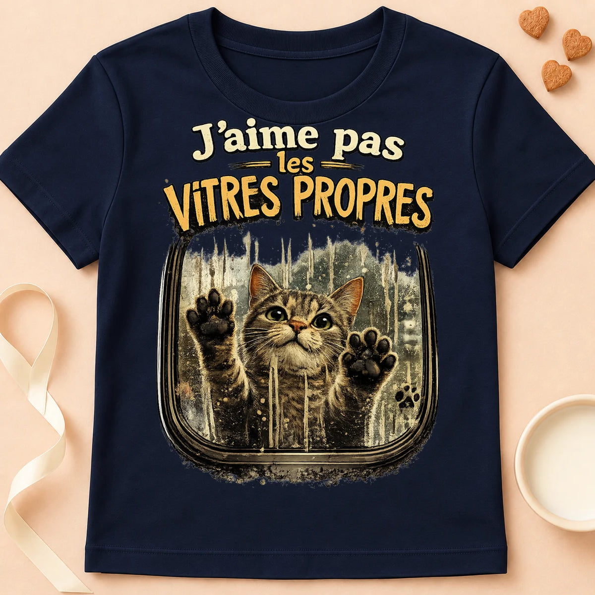 T-shirt chat Patoume – T-shirt « J’aime pas les vitres propres » – Bleu marine