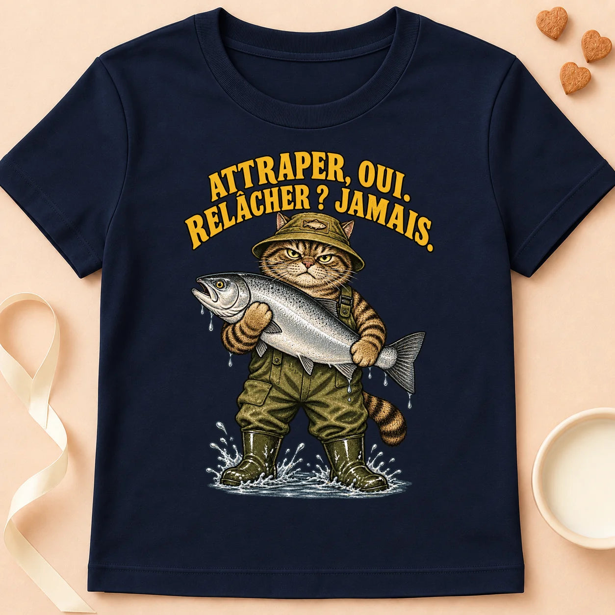 T-shirt chat Patoume – T-shirt Attraper oui, relâcher jamais – Bleu marine