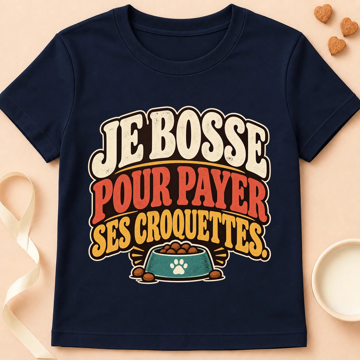 T-shirt chat Patoume – T-shirt Je bosse pour payer ses croquettes – Bleu marine