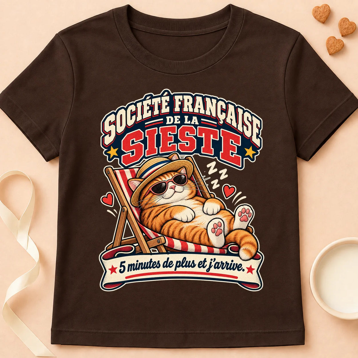 T-shirt chat Patoume – T-shirt Société francaise de la sieste – Chocolat