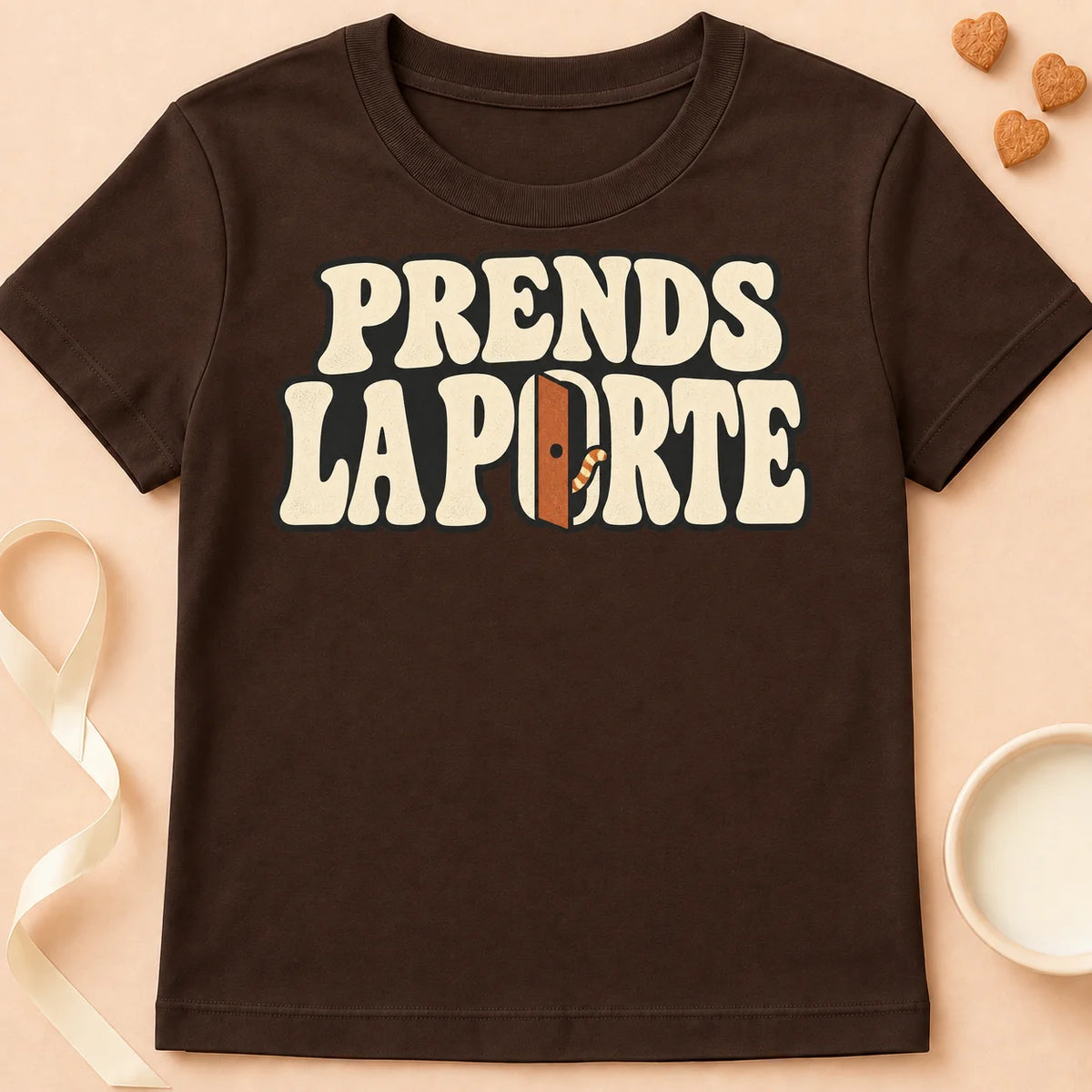T-shirt chat Patoume – T-shirt Prends la porte – Chocolat
