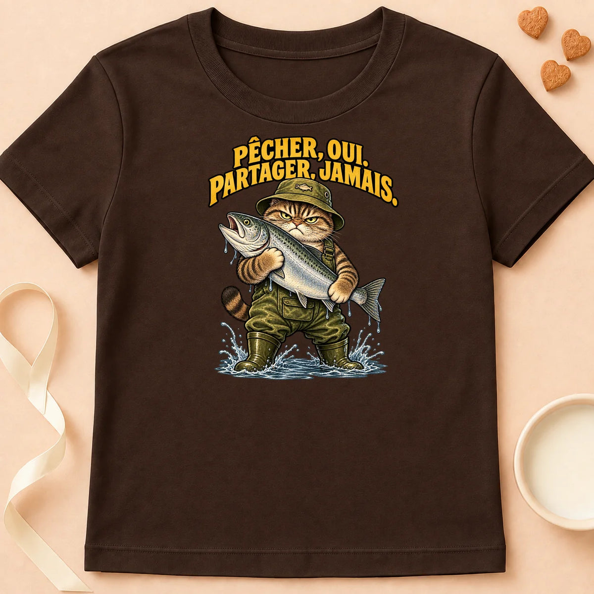 T-shirt chat Patoume – T-shirt Ne partage jamais – Chocolat
