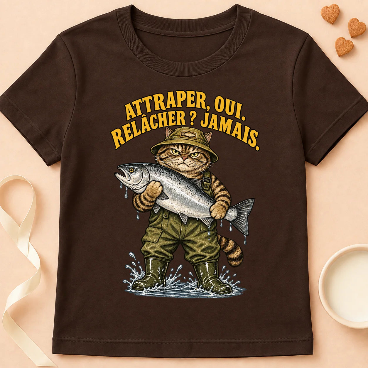 T-shirt chat Patoume – T-shirt Attraper oui, relâcher jamais – Chocolat