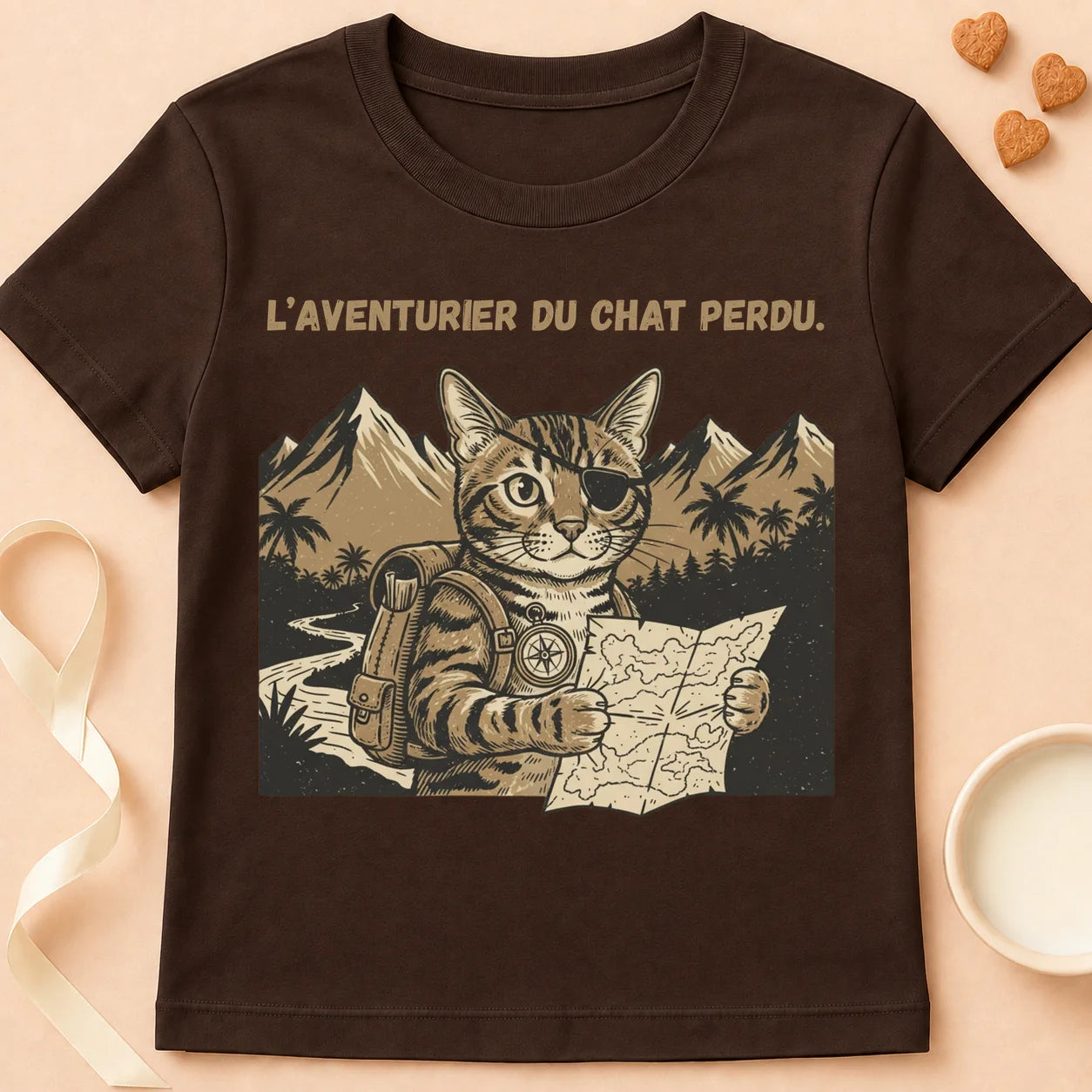 T-shirt chat Patoume – T-Shirt Aventurier – Chocolat