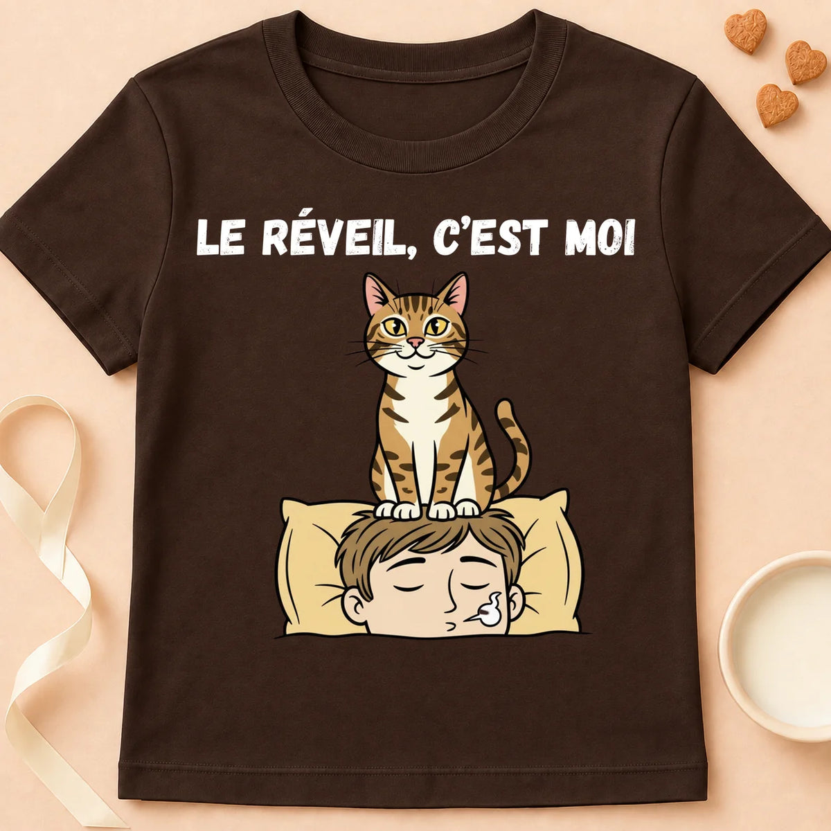 T-shirt chat Patoume – T-Shirt Réveil – Chocolat