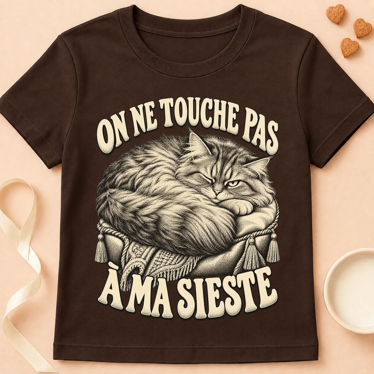 T-shirt chat Patoume – T-shirt Pas à ma sieste – Chocolat