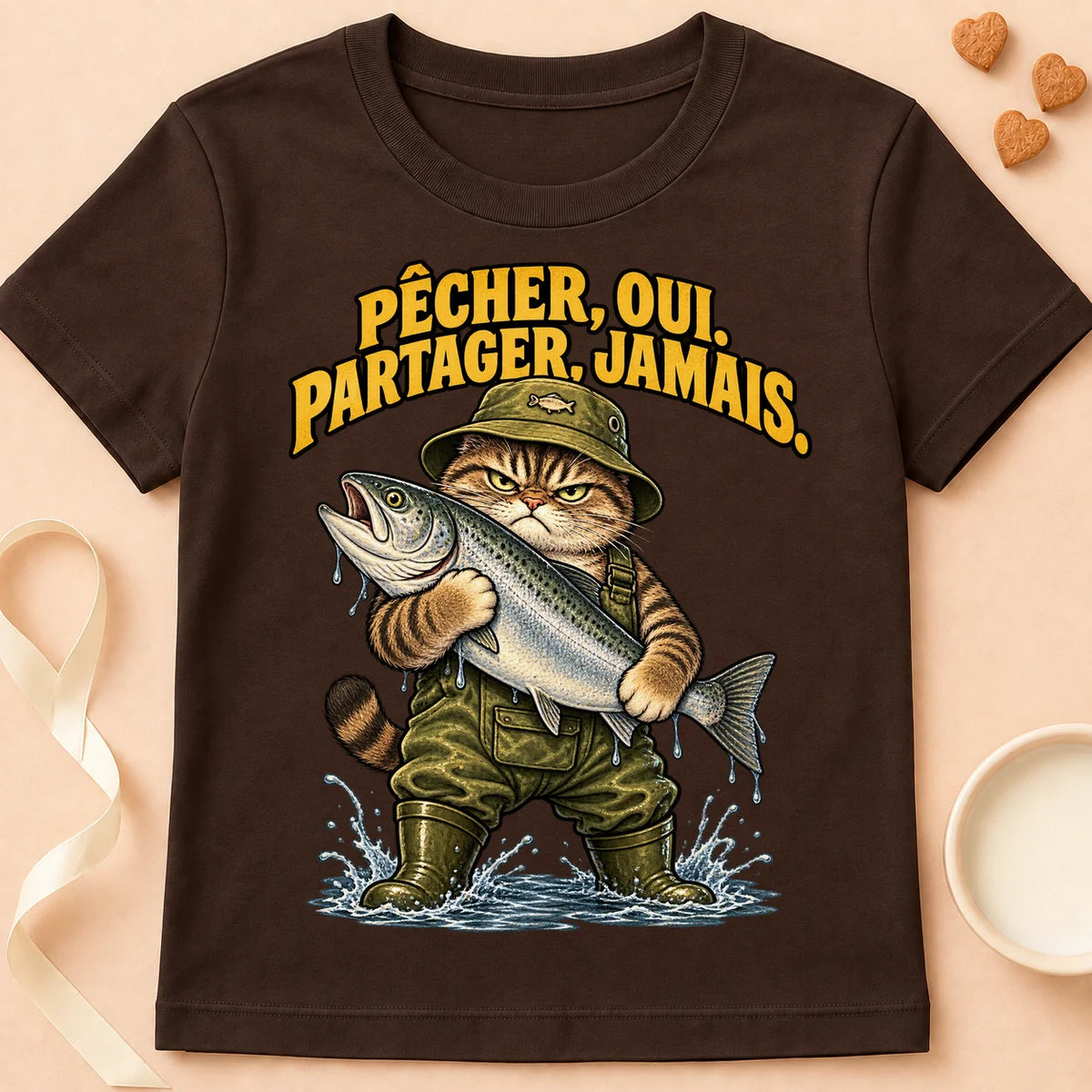 T-shirt chat Patoume – T-shirt Ne partage jamais – Chocolat