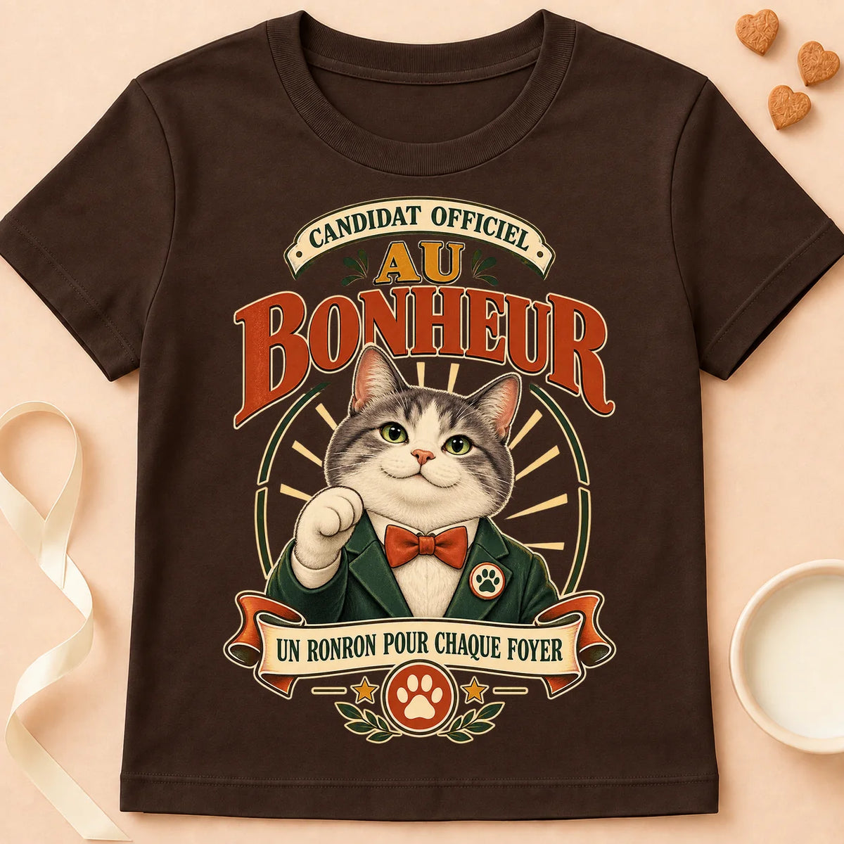 T-shirt chat Patoume – T-shirt Candidat au bonheur – Chocolat