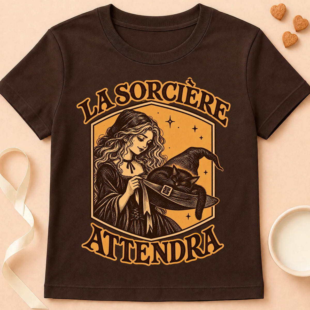 T-shirt chat Patoume – T-shirt La sorcière attendra – Chocolat