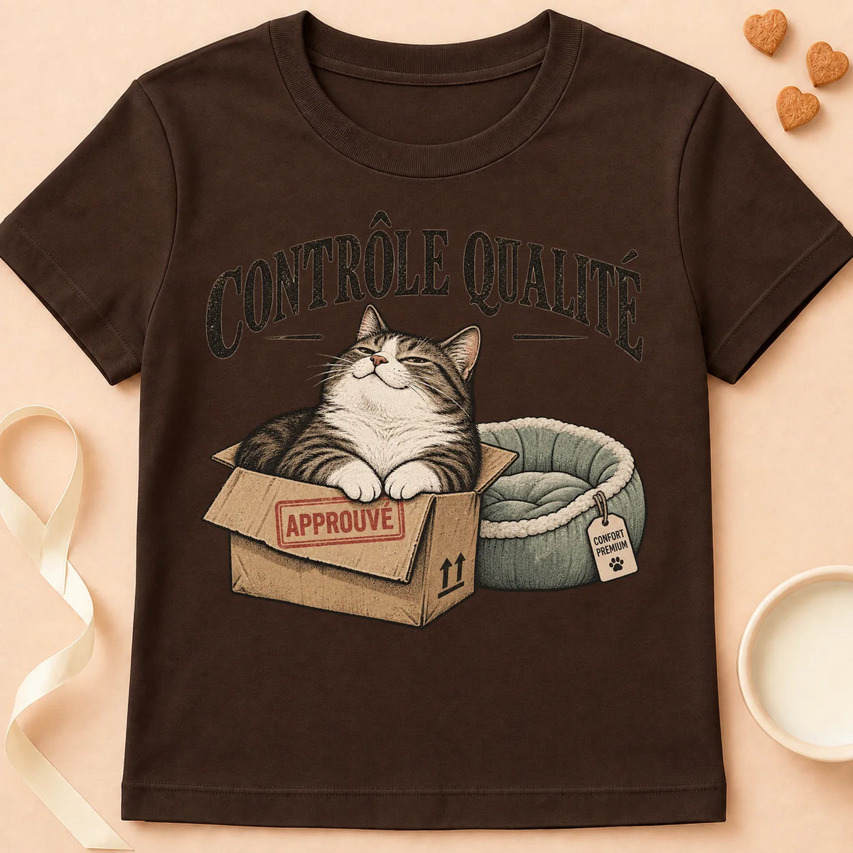 T-shirt chat Patoume – T-shirt Contrôle qualité – Chocolat
