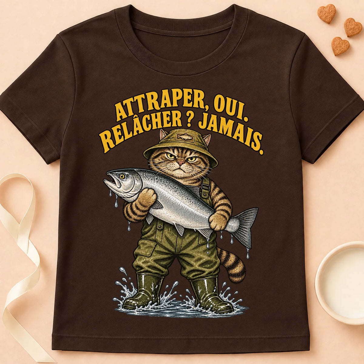 T-shirt chat Patoume – T-shirt Attraper oui, relâcher jamais – Chocolat