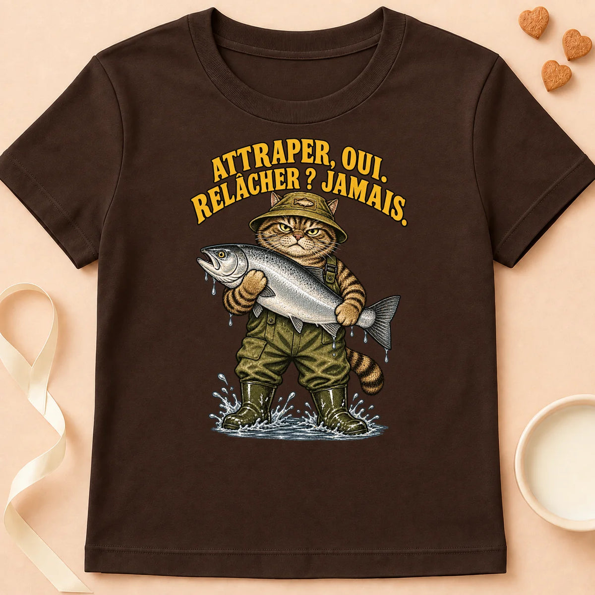T-shirt chat Patoume – T-shirt Attraper oui, relâcher jamais – Chocolat