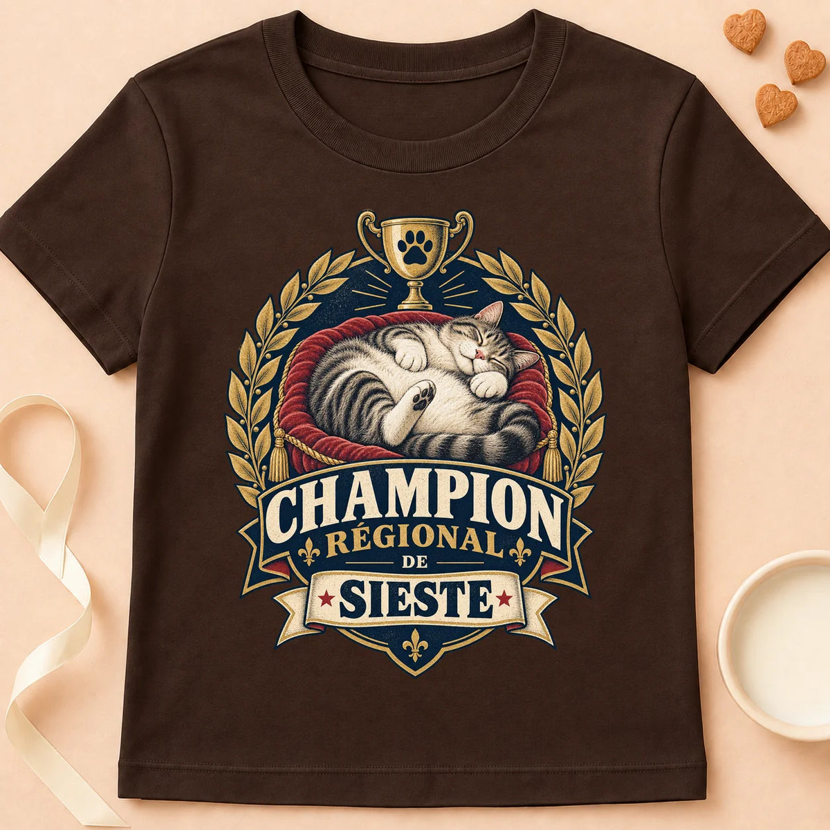 T-shirt chat Patoume – T-shirt Champion sieste – Chocolat