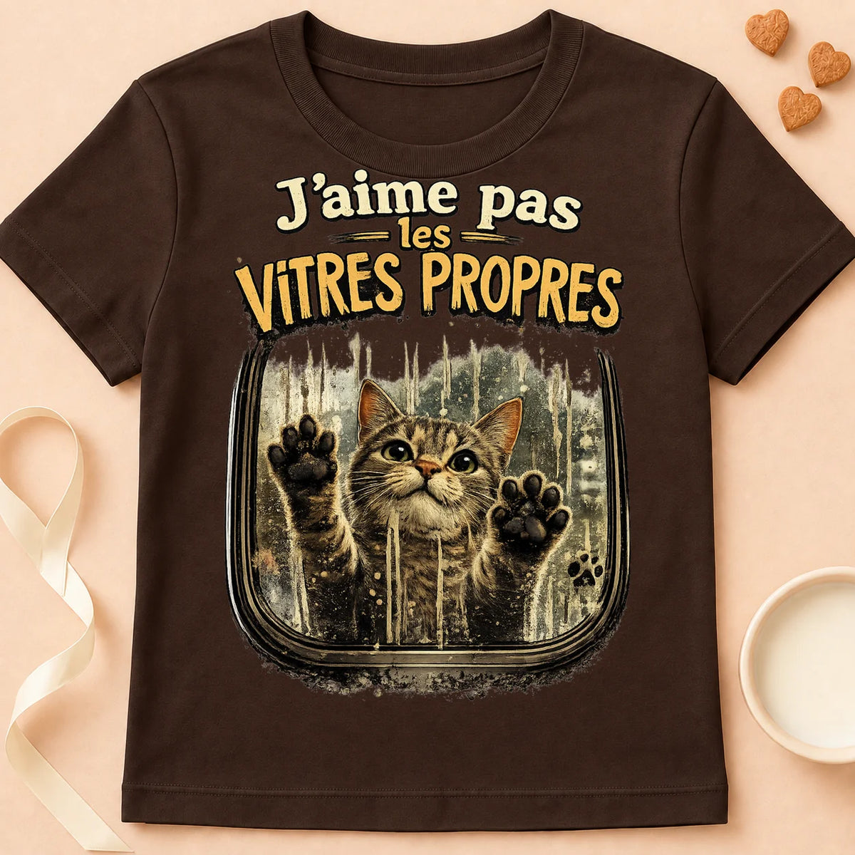 T-shirt chat Patoume – T-shirt « J’aime pas les vitres propres » – Chocolat