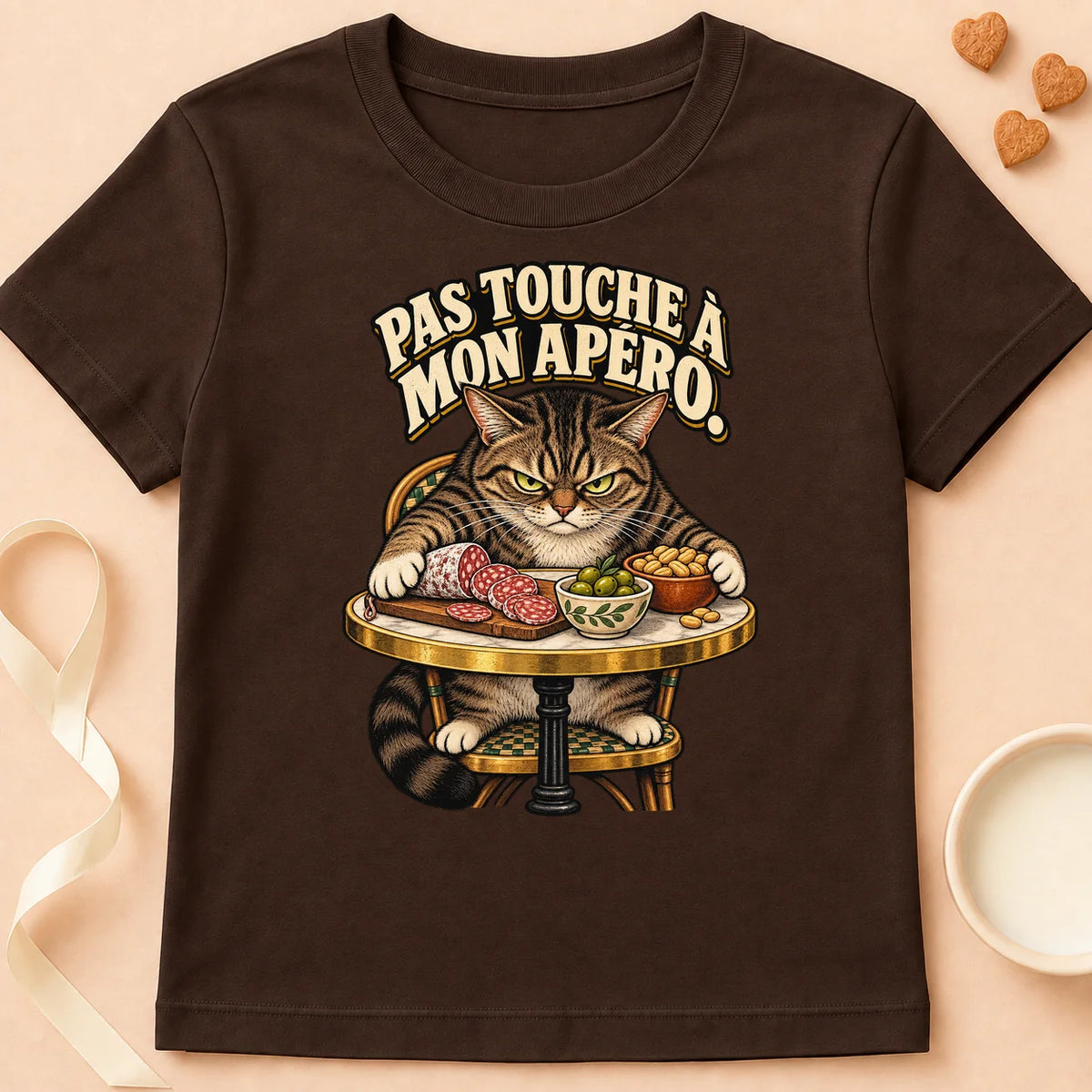 T-shirt chat Patoume – T-shirt Pas touche à mon apéro – Chocolat