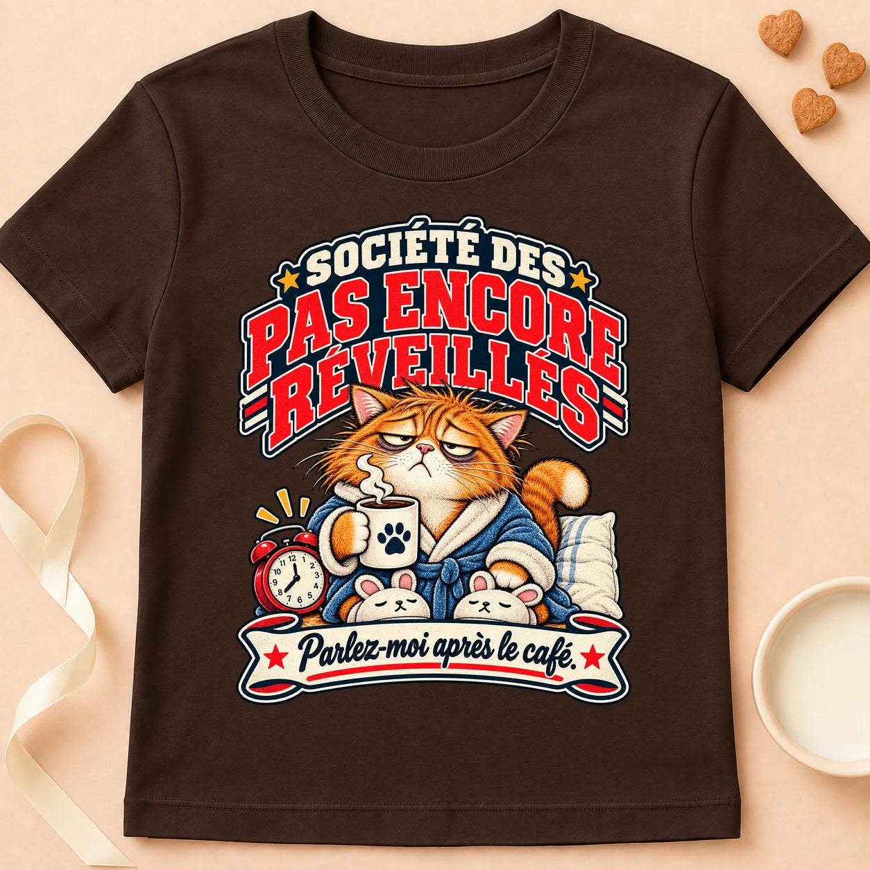 T-shirt chat Patoume – T-shirt Lève-tard – Chocolat