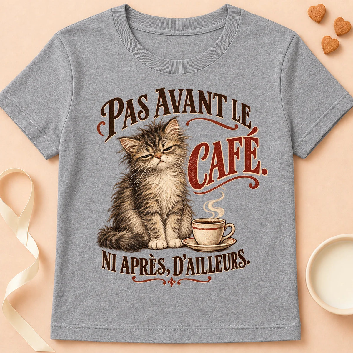 T-shirt chat Patoume – T-shirt Pas avant le café – Gris