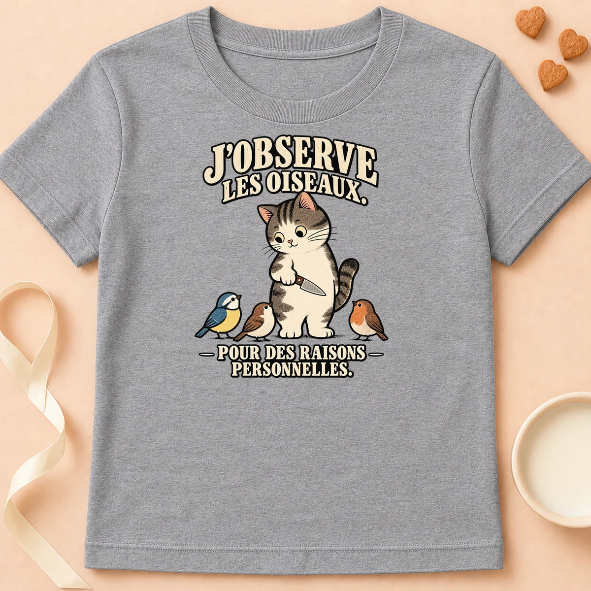 T-shirt chat Patoume – T-shirt J’observe – Gris