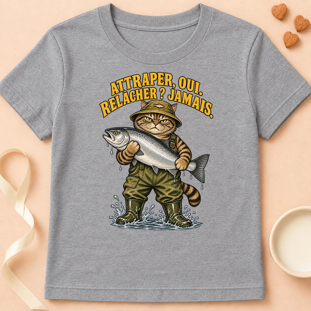T-shirt chat Patoume – T-shirt Attraper oui, relâcher jamais – Gris