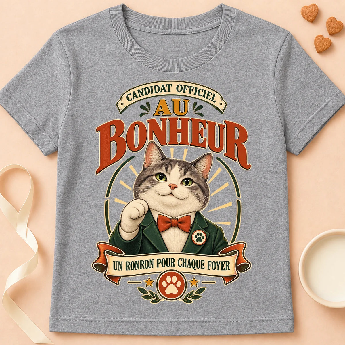 T-shirt chat Patoume – T-shirt Candidat au bonheur – Gris