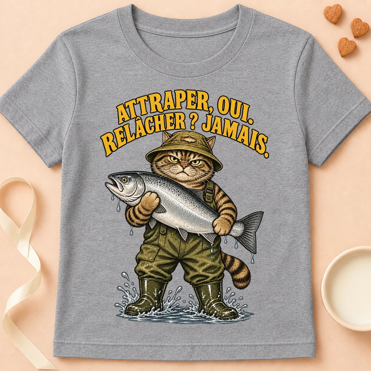 T-shirt chat Patoume – T-shirt Attraper oui, relâcher jamais – Gris