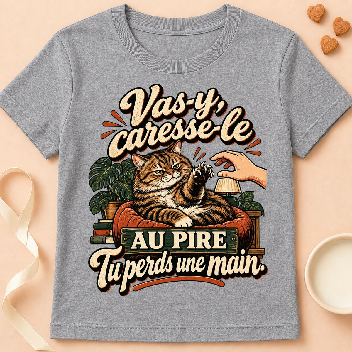 T-shirt chat Patoume – T-shirt Caresse le – Gris